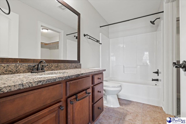 bathroom featuring visible vents, toilet, vanity, tile patterned flooring, and shower / bathtub combination