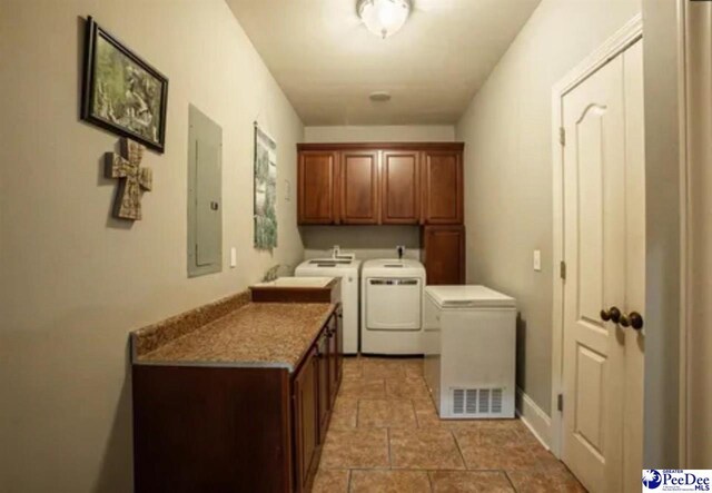 3438 Hammock Ct, Florence, SC 29501 - laundry room featuring cabinet space, washer and clothes dryer, and electric panel