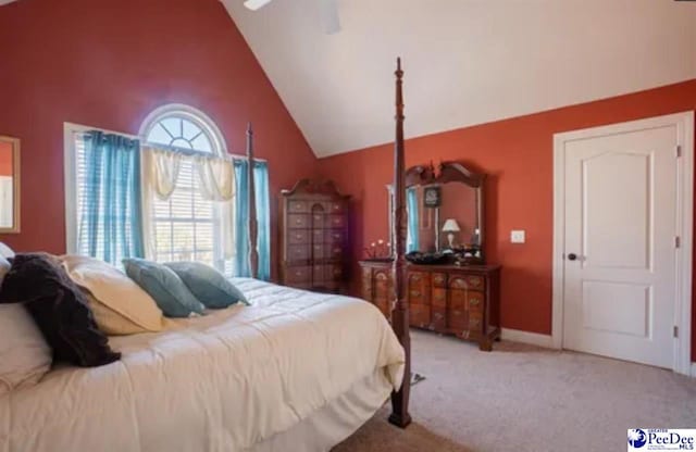 3438 Hammock Ct, Florence, SC 29501 - carpeted bedroom with high vaulted ceiling and baseboards