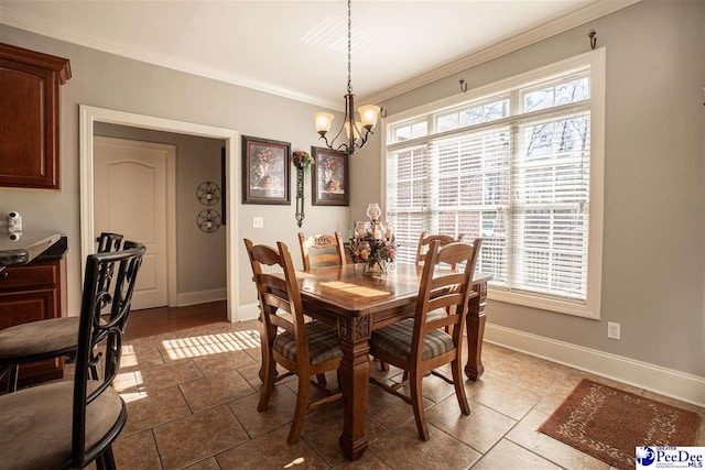 3438 Hammock Ct, Florence, SC 29501 - dining room with a notable chandelier, baseboards, ornamental molding, and a healthy amount of sunlight