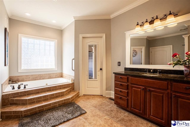 3438 Hammock Ct, Florence, SC 29501 - bathroom featuring a garden tub, vanity, ornamental molding, tile patterned flooring, and visible vents