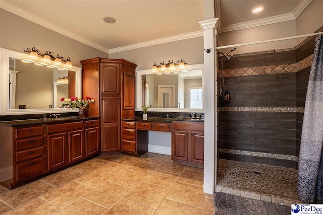 3438 Hammock Ct, Florence, SC 29501 - bathroom with ornate columns, vanity, crown molding, and tiled shower