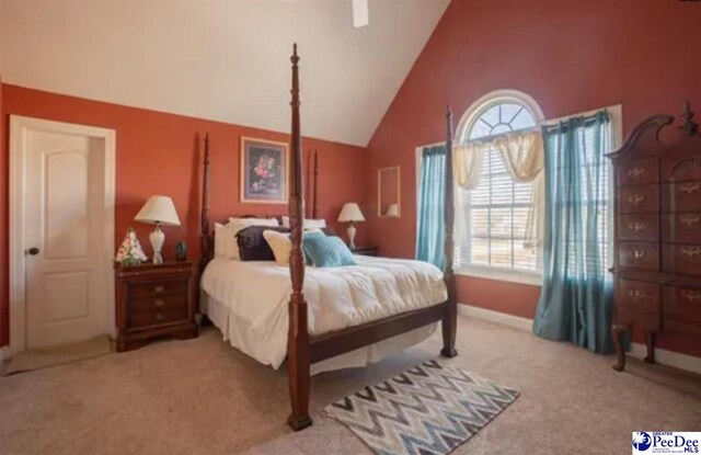 3438 Hammock Ct, Florence, SC 29501 - carpeted bedroom featuring a ceiling fan, baseboards, high vaulted ceiling, and multiple windows