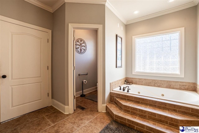 3438 Hammock Ct, Florence, SC 29501 - full bathroom featuring tile patterned floors, toilet, visible vents, a whirlpool tub, and crown molding