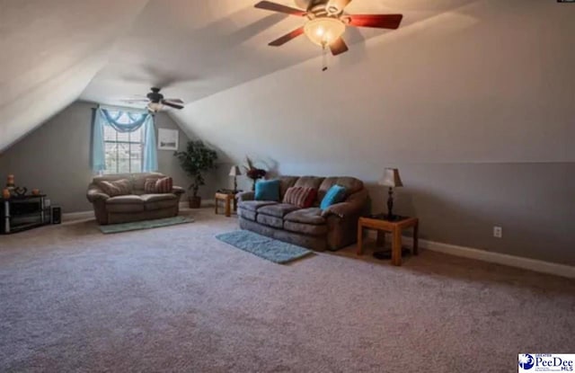 3438 Hammock Ct, Florence, SC 29501 - living room with ceiling fan, lofted ceiling, baseboards, and carpet