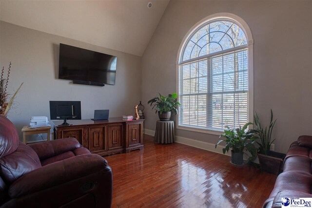 3438 Hammock Ct, Florence, SC 29501 - living area with baseboards, vaulted ceiling, and wood finished floors