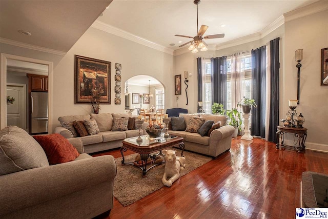 3438 Hammock Ct, Florence, SC 29501 - living room featuring a ceiling fan, wood finished floors, arched walkways, and recessed lighting