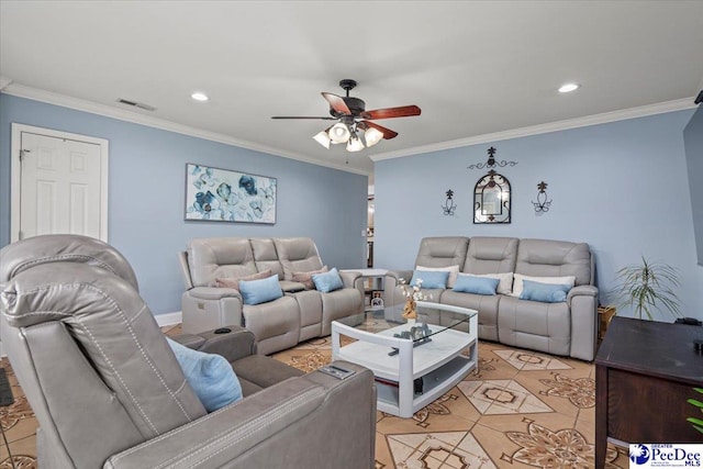 living room featuring crown molding and ceiling fan