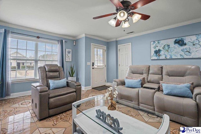 tiled living room with crown molding and ceiling fan