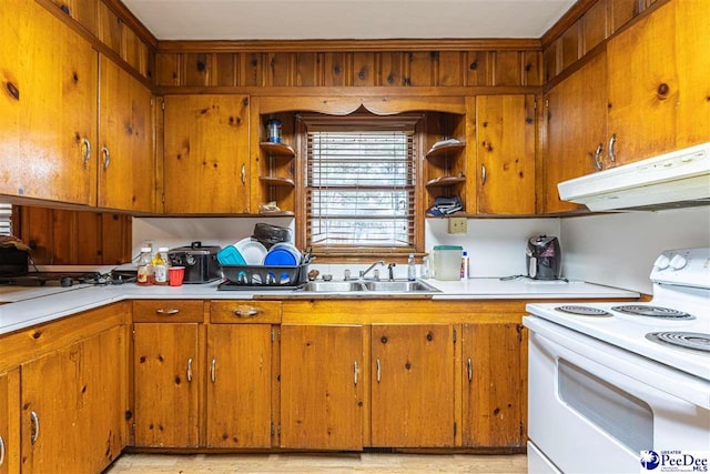 kitchen with sink and white range with electric cooktop