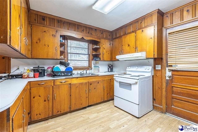 kitchen featuring sink, light hardwood / wood-style floors, and white range with electric cooktop