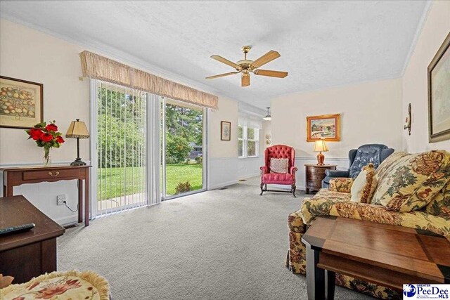 1812 Woods Dr, Florence, SC 29505 - living room featuring a ceiling fan, a textured ceiling, and carpet