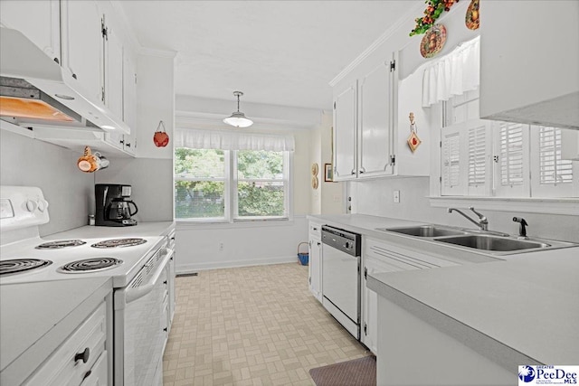 1812 Woods Dr, Florence, SC 29505 - kitchen featuring white appliances, under cabinet range hood, white cabinets, light countertops, and light floors