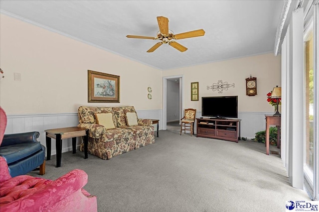1812 Woods Dr, Florence, SC 29505 - carpeted living room with wainscoting, ornamental molding, and a ceiling fan