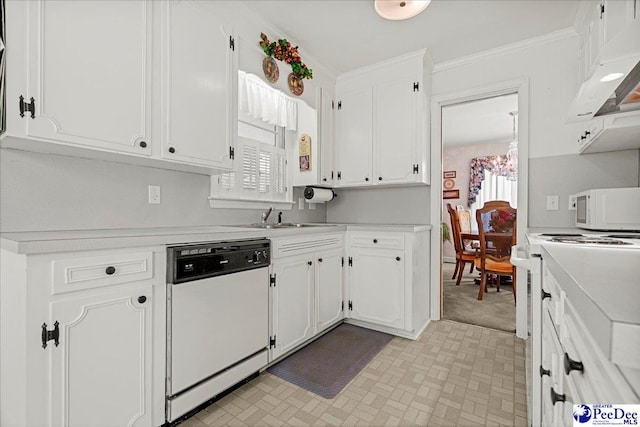 1812 Woods Dr, Florence, SC 29505 - kitchen with white appliances, range hood, light countertops, white cabinetry, and crown molding