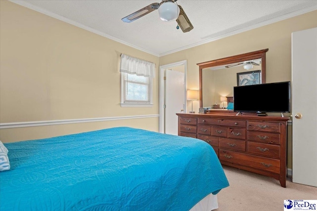 bedroom with crown molding, a ceiling fan, and light carpet