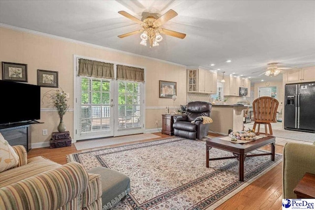 living area featuring ceiling fan, a wealth of natural light, and ornamental molding