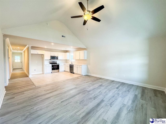 unfurnished living room with visible vents, baseboards, ceiling fan, light wood-style flooring, and high vaulted ceiling