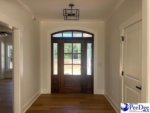 foyer featuring baseboards, wood finished floors, and ornamental molding