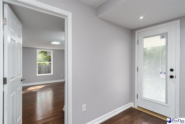 doorway with dark hardwood / wood-style floors