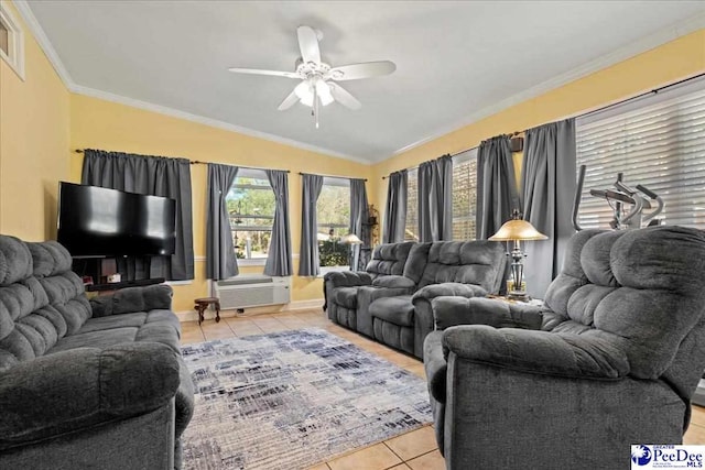 living area with light tile patterned floors, a ceiling fan, ornamental molding, and an AC wall unit