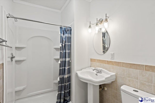 312 Greene St, Cheraw, SC 29520 - full bathroom featuring a stall shower, crown molding, toilet, and tile walls