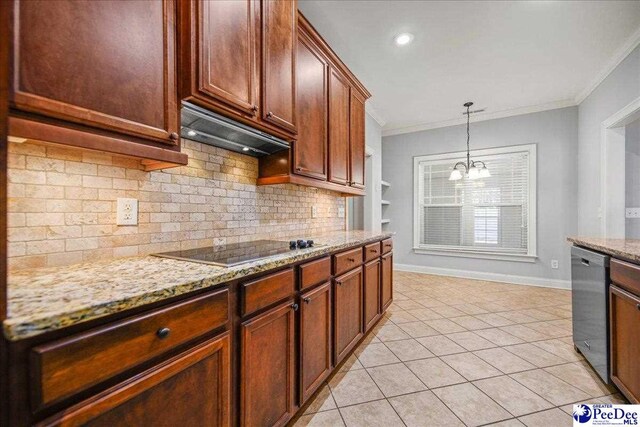 kitchen with decorative backsplash, ornamental molding, stainless steel dishwasher, light stone counters, and black electric cooktop