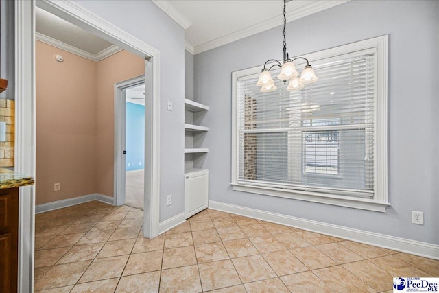 unfurnished dining area with a notable chandelier, light tile patterned floors, crown molding, and built in features