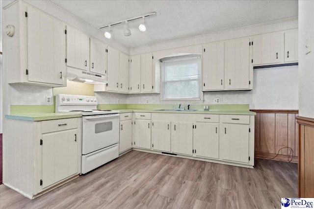 kitchen with a sink, white electric stove, under cabinet range hood, and light wood-style floors