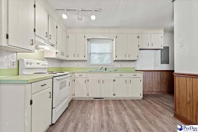 kitchen with light wood-style flooring, under cabinet range hood, wainscoting, a sink, and white electric range oven