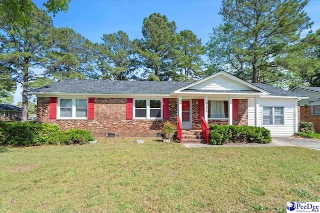 single story home with covered porch, crawl space, a front lawn, brick siding, and roof with shingles