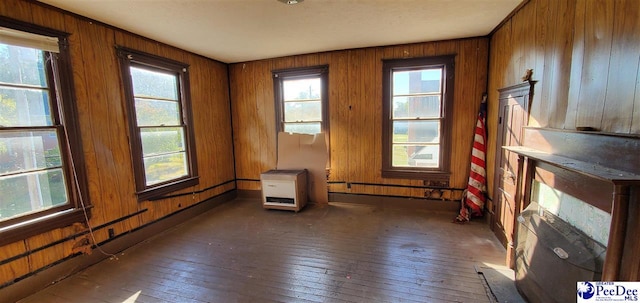 empty room with dark wood-type flooring, a wealth of natural light, and wooden walls