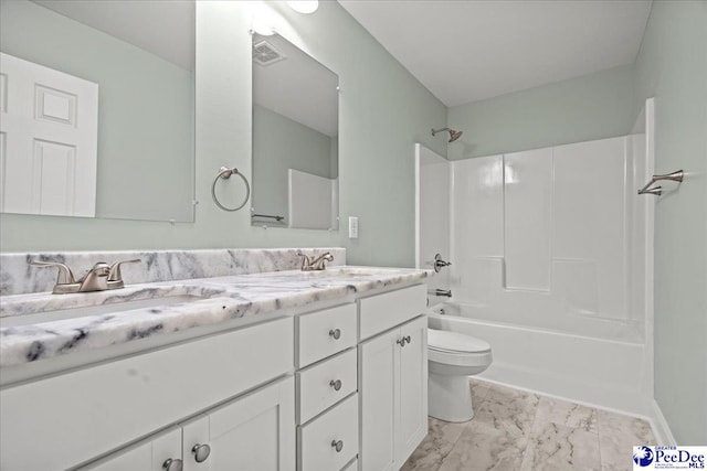 full bath with a sink, visible vents, marble finish floor,  shower combination, and double vanity