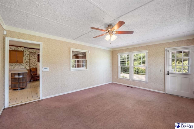 3116 Kenfield Ln, Florence, SC 29505 - unfurnished room with crown molding, a ceiling fan, a textured ceiling, carpet floors, and baseboards