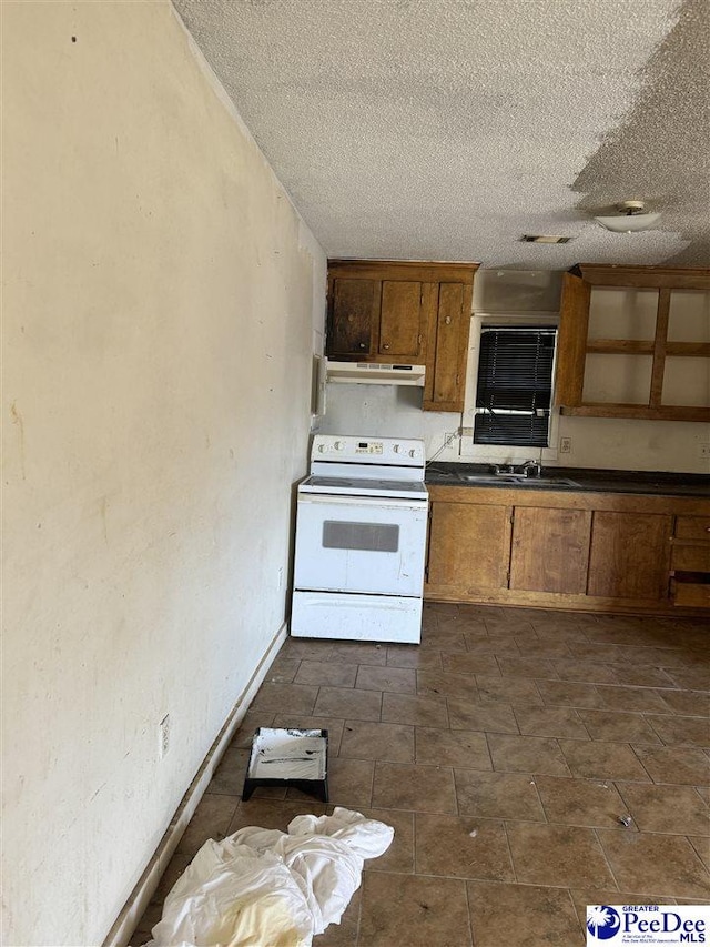 kitchen featuring sink, a textured ceiling, and electric range