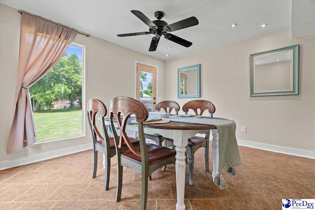 2217 W Mccown Dr, Florence, SC 29501 - dining room featuring baseboards, recessed lighting, and a ceiling fan