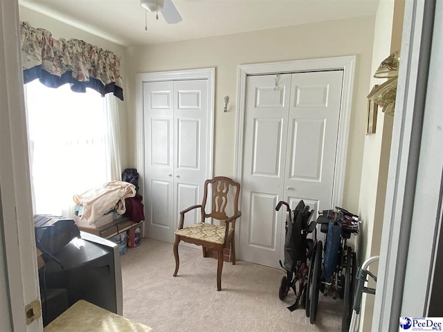 interior space with light colored carpet and ceiling fan