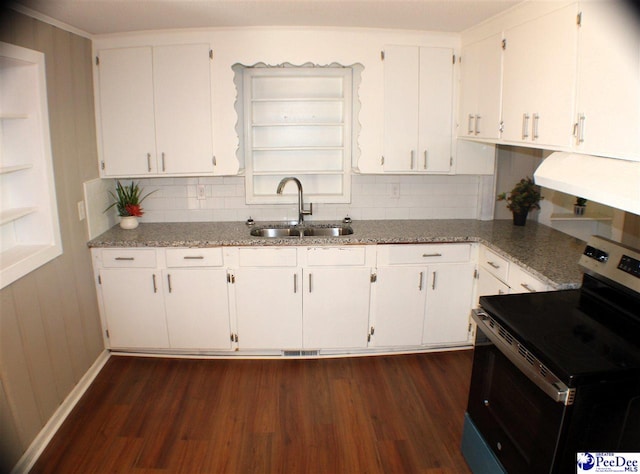kitchen with a sink, ventilation hood, white cabinets, stainless steel electric stove, and dark wood-type flooring