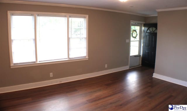 foyer entrance featuring crown molding, baseboards, and dark wood-style flooring