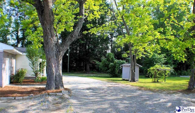 view of home's community with a lawn, a storage unit, an outdoor structure, and driveway