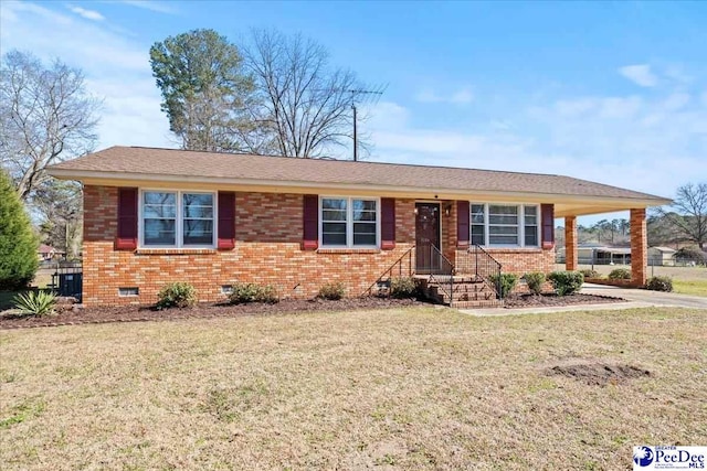 ranch-style house with crawl space, a front yard, brick siding, and a carport