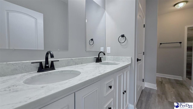 bathroom with vanity and hardwood / wood-style floors