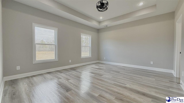 empty room featuring a tray ceiling and light wood-type flooring