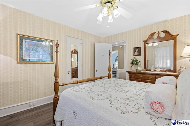 bedroom featuring dark wood-type flooring and ceiling fan