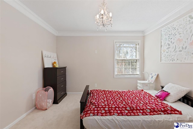 bedroom with crown molding, baseboards, a chandelier, and light colored carpet