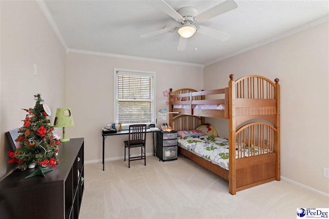 bedroom featuring baseboards, ornamental molding, and light colored carpet