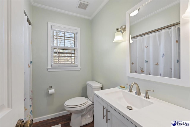 full bath with baseboards, visible vents, toilet, wood finished floors, and vanity