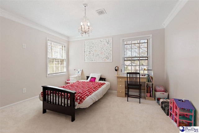 bedroom featuring carpet floors, multiple windows, visible vents, and crown molding