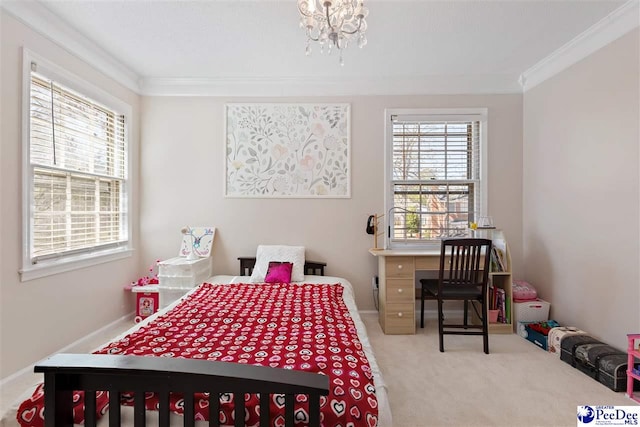 carpeted bedroom with ornamental molding, a chandelier, and baseboards