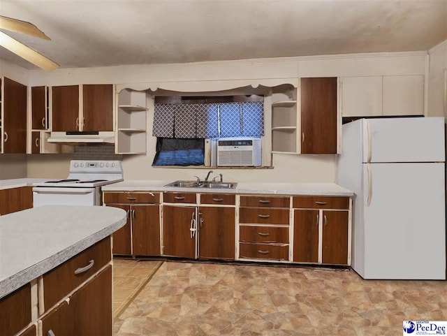 515 W Darlington St, Florence, SC 29501 - kitchen featuring open shelves, under cabinet range hood, a sink, white appliances, and light countertops